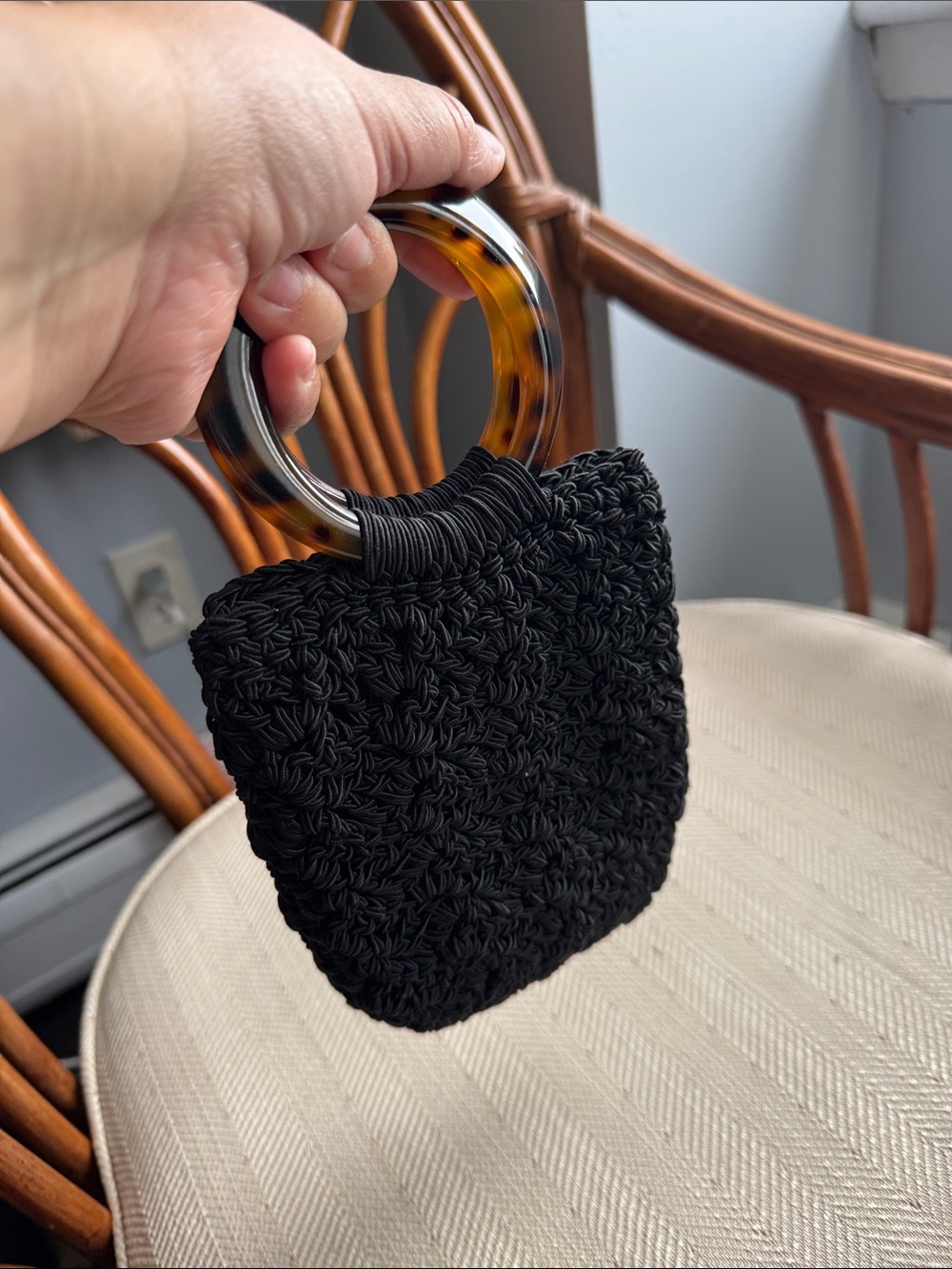 Vintage Gun-MarieNilsson Black Crochet Handbag with Tortoise shell Handle - Picture 4 of 4